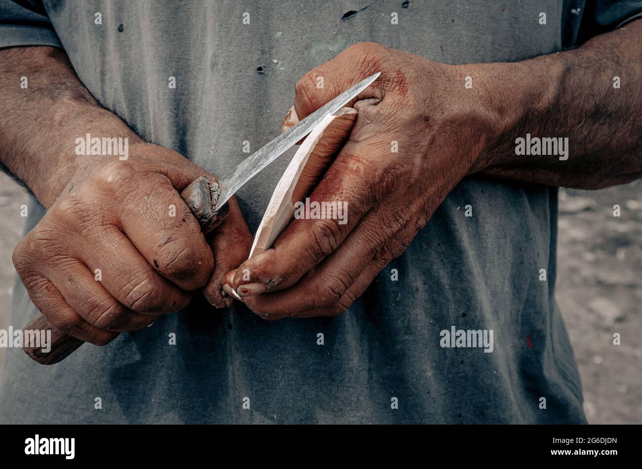 Mani di un uomo che tiene un coltello e un pezzo di legno: L'uomo sta modellando un pezzo di legno per creare un oggetto d'arte Foto Stock