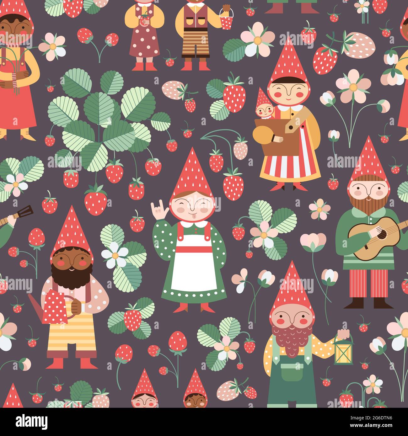 Strawberry Garden Gnomes e Elves modello Illustrazione Vettoriale