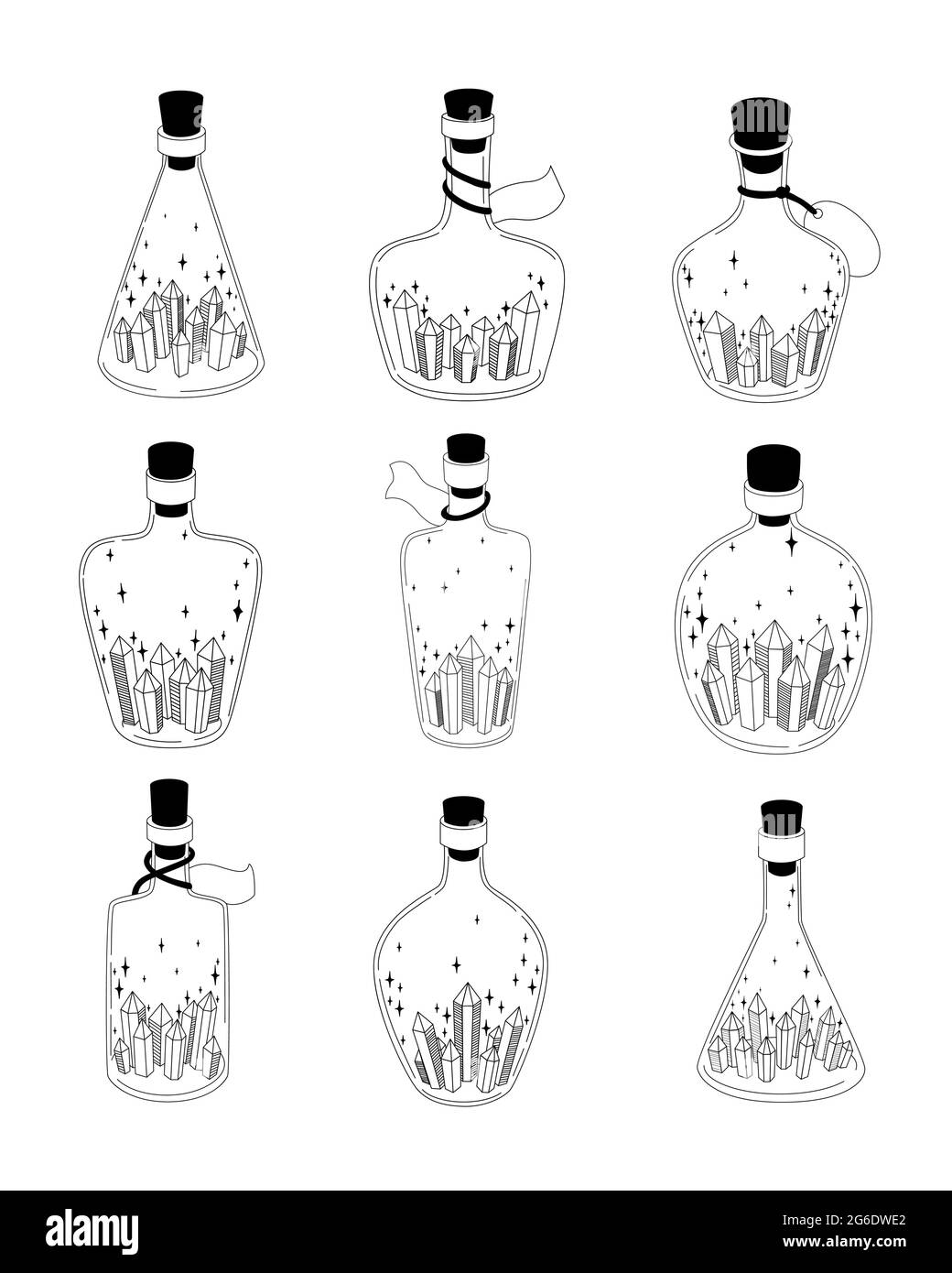 Set di bottiglie magiche. Collezione di stregoneria. Fiala con cristalli, stelle. Stile gotico. Immagine vettoriale in bianco e nero. Simbolo esoterico. Illustrazione Vettoriale