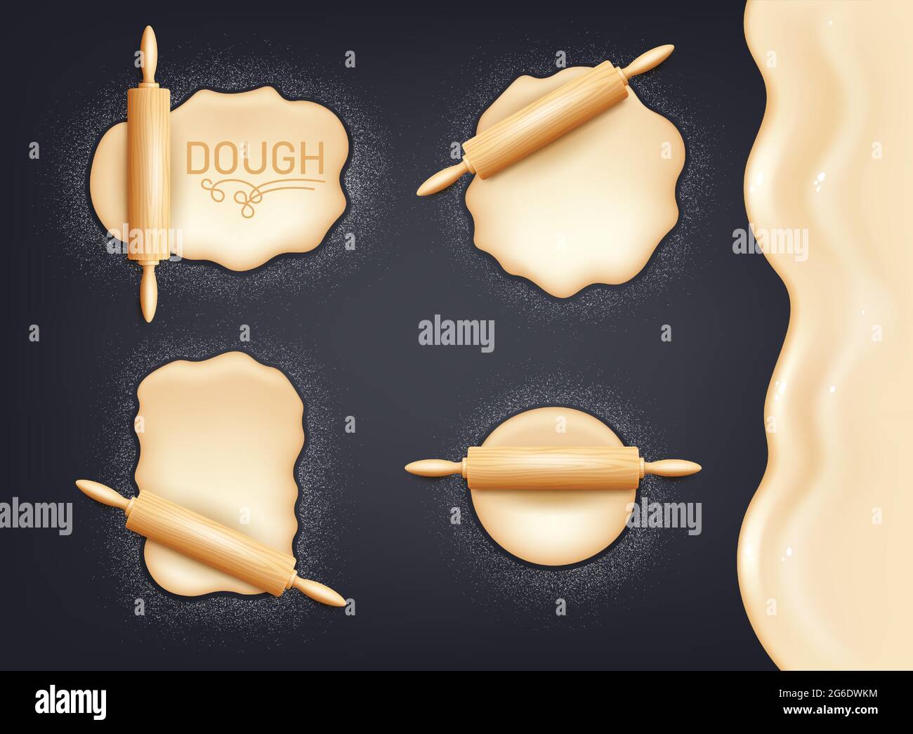 Verosimile in legno e set di impastare con farina. Concetto di design per la cottura, la pizza, i biscotti, i biscotti, il pane. Sfondo scuro della lavagna Illustrazione Vettoriale Verosimile in legno e set di impastare con farina. Concetto di design per la cottura, la pizza, i biscotti, i biscotti, il pane. Sfondo scuro della lavagna Illustrazione Vettoriale