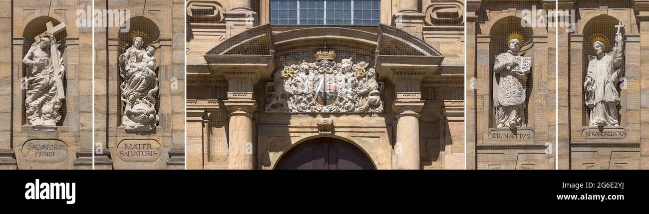 Quattro figure di facciata di Gesù, Maria, Ignazio di Loyola e Laurentius, stemma del principe-vescovo marchese Sebastian Schenk von Stauffenberg Foto Stock