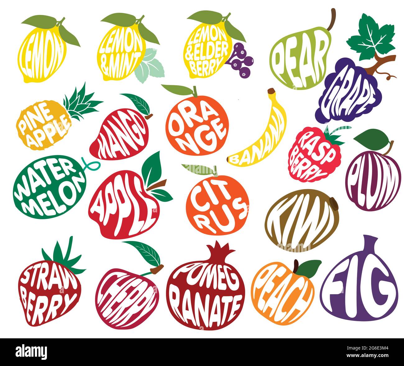 Lettere in frutta, scritte a mano, isolate su sfondo bianco illustrazione vettoriale Illustrazione Vettoriale