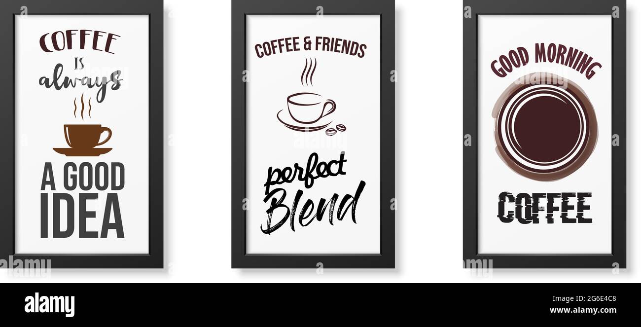 Buongiorno, caffè, tre poster minimalisti, arredamento parete, design piatto, poster design-vettoriale Illustrazione Vettoriale