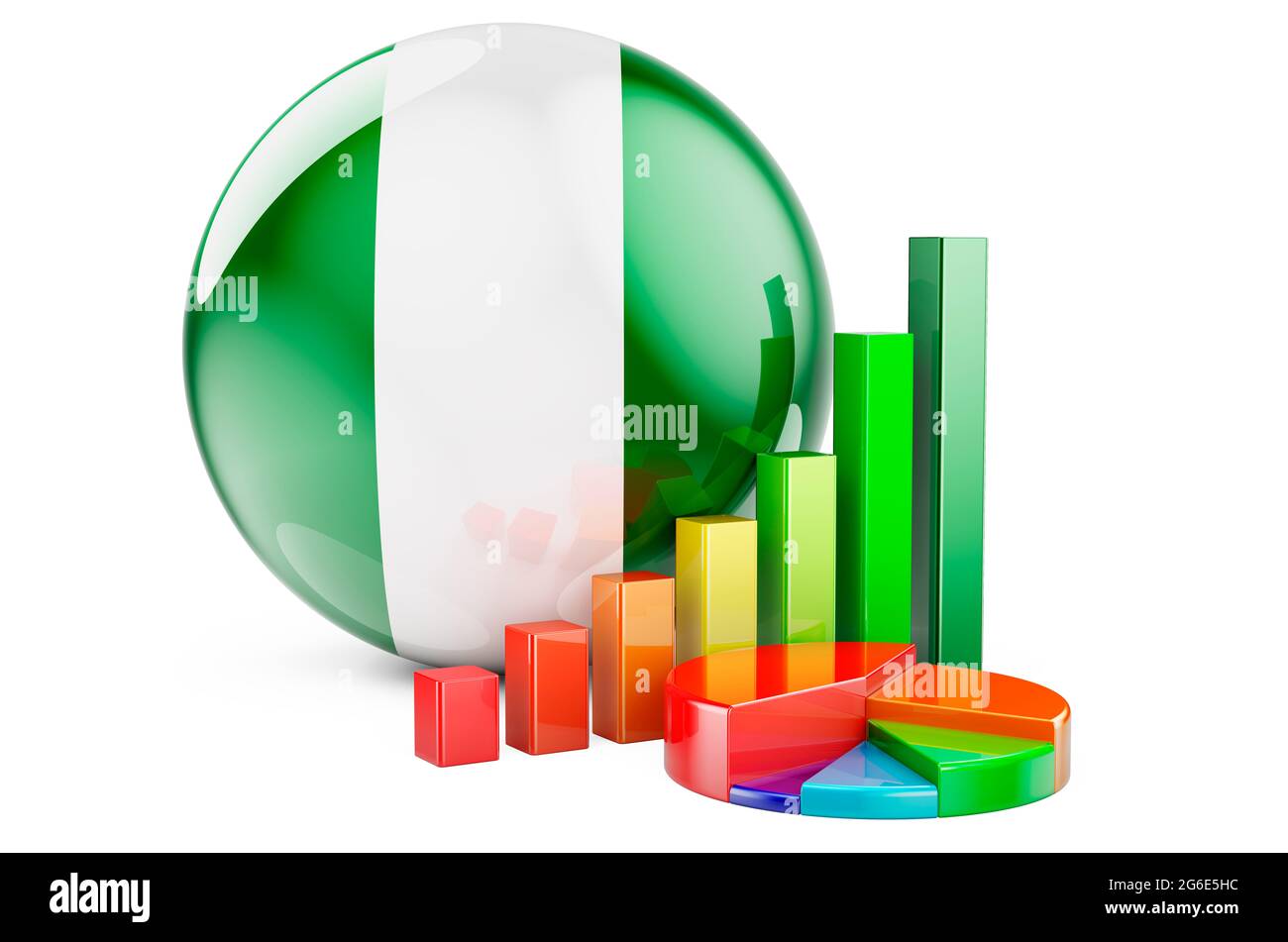 Bandiera nigeriana con grafico a barre della crescita e grafico a torta. Economia, finanza, statistiche economiche in Nigeria Concept. Rendering 3D isolato su sfondo bianco Foto Stock