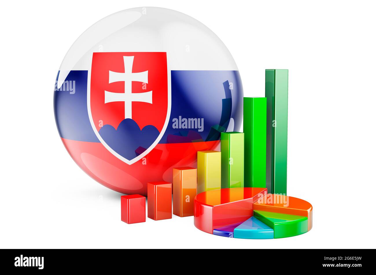 Flag slovacco con grafico a barre della crescita e grafico a torta. Economia, finanza, statistiche economiche in Slovacchia Concept. Rendering 3D isolato su sfondo bianco Foto Stock