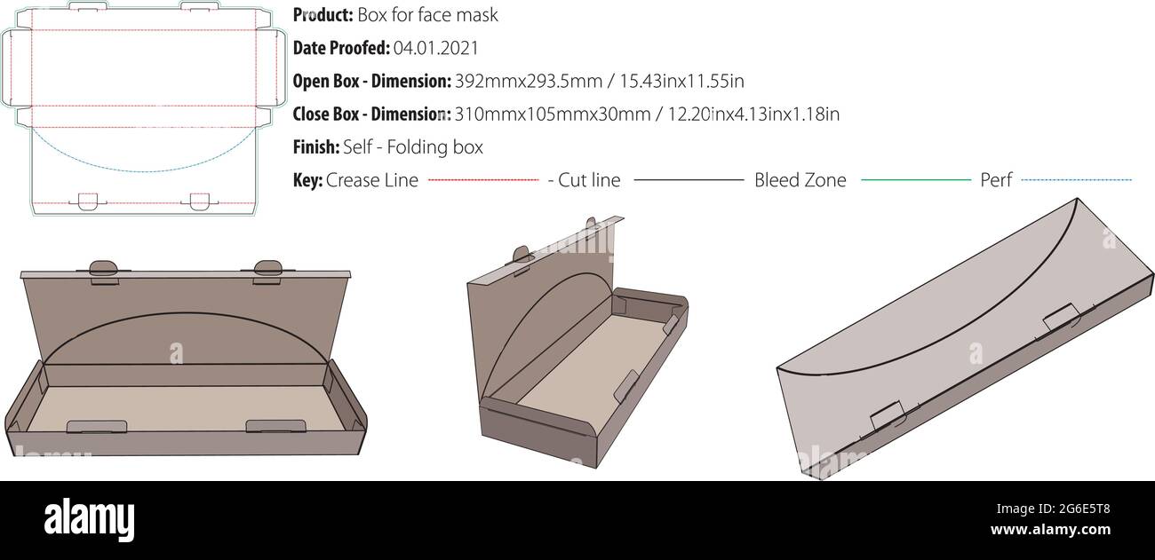 Maschera facciale confezione modello di confezionamento sulla parte superiore con perforazione sulla parte superiore, selflock, fustellato - vettore Illustrazione Vettoriale