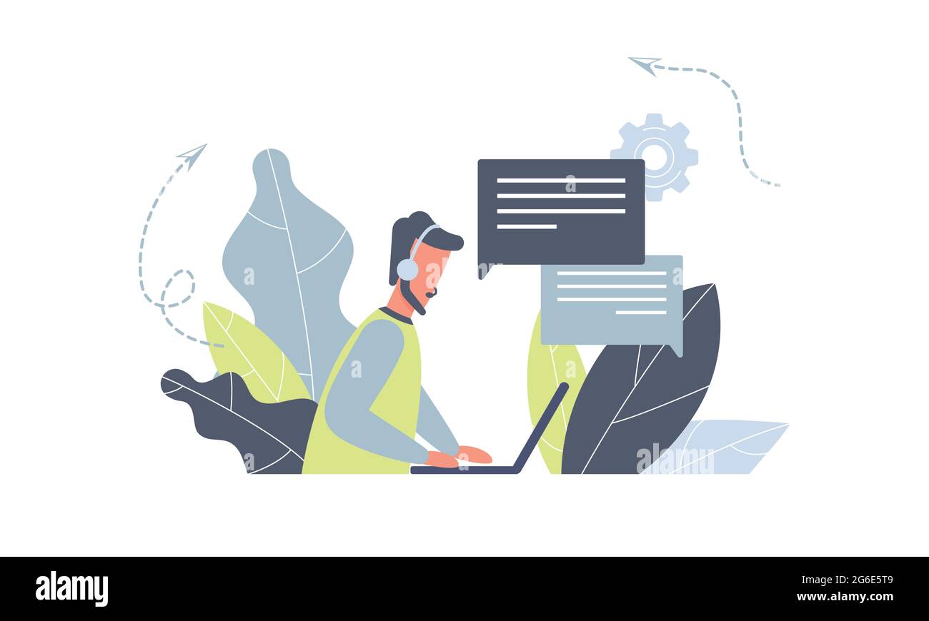 Addetto al servizio clienti con cuffie e servizio notebook o consultare i clienti sui computer.operatore Hotline lavora 24 ore su 24, 7 giorni su 7, supporto online globale Illustrazione Vettoriale