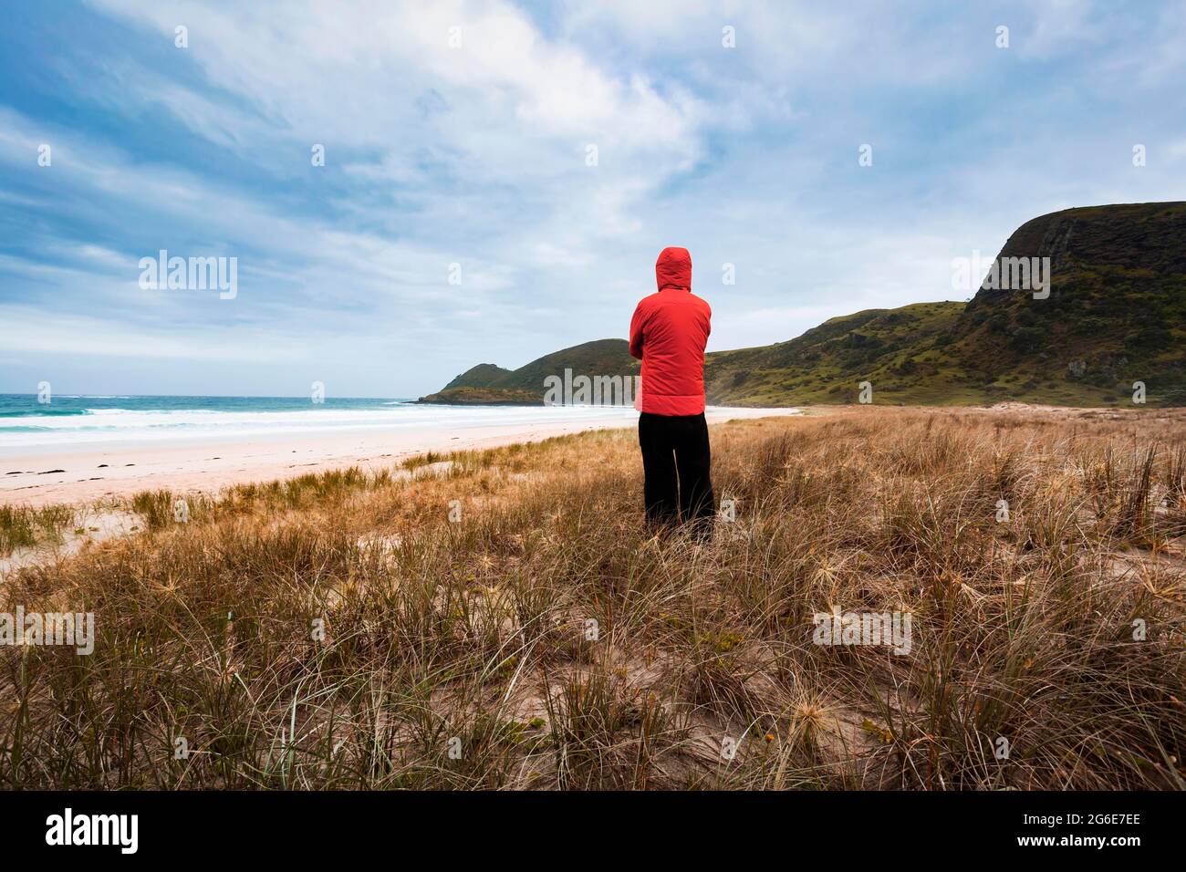 Guy at the Beach, Spirits Bay, Piwhane, Aupouri Peninsula, Isola del Nord, Nuova Zelanda Foto Stock