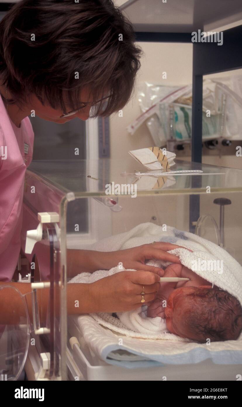 infermiera che prende la temperatura del neonato nato dalla sezione cesarean, nell'incubatore SCU dell'ospedale Foto Stock