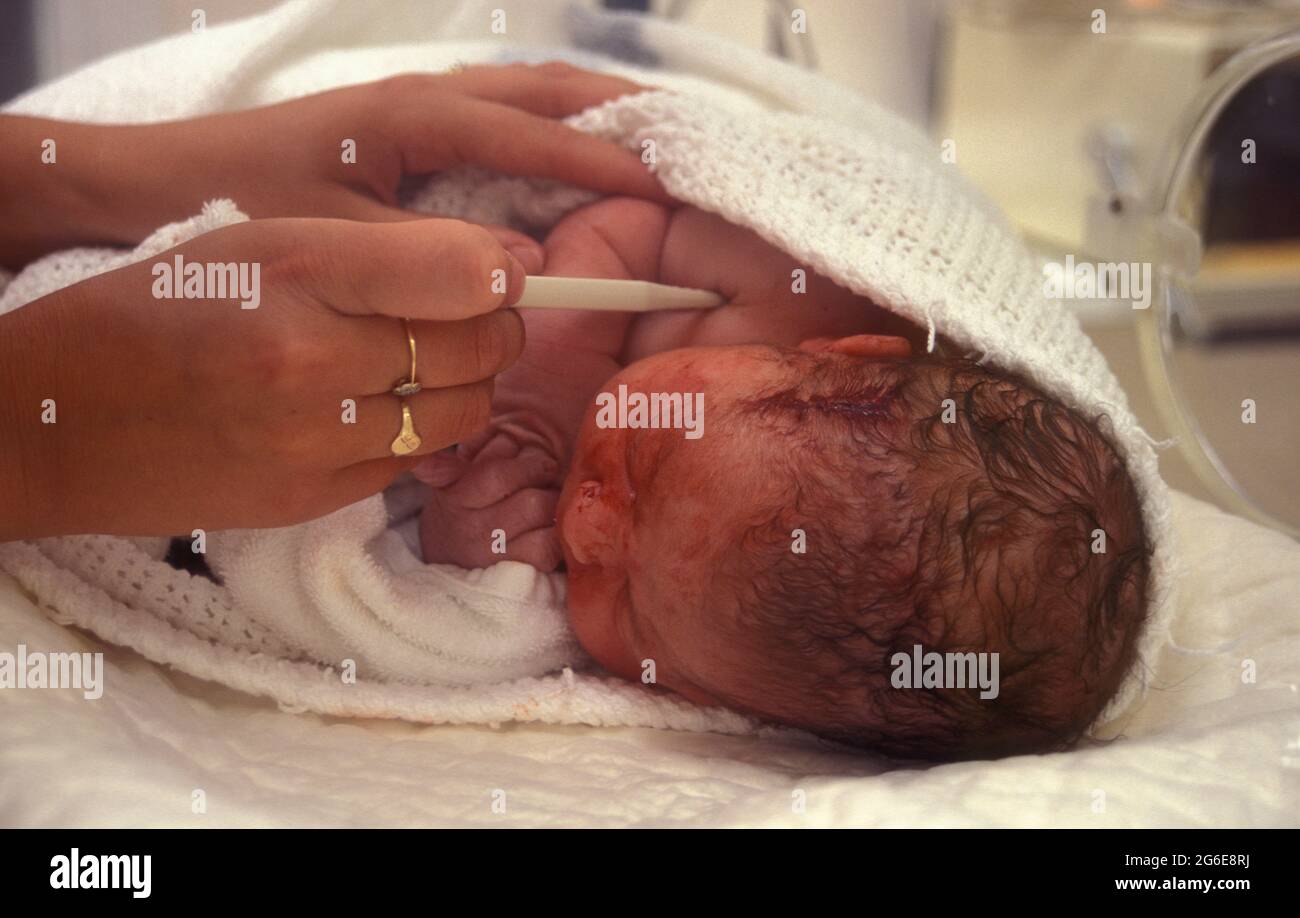 neonato in incubatore con temperatura rilevata Foto Stock