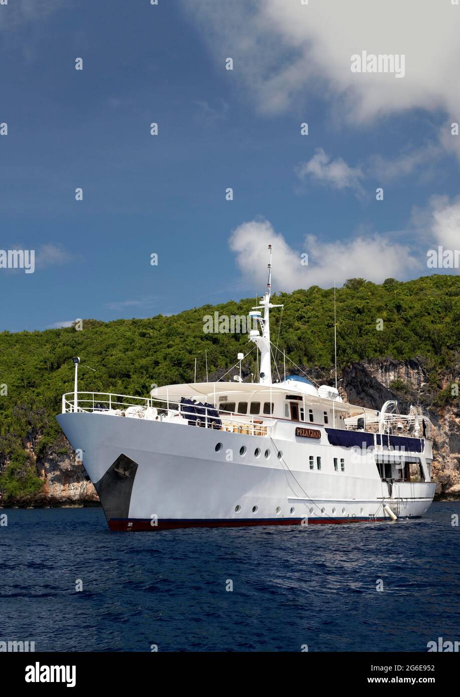 Barca da immersione di lusso, bianca, Liveaboard Pelagiano al largo dell'isola tropicale, Wakatobi Dive Resort, Pulau Tolandona, Sulawesi sudorientale, Indonesia Foto Stock