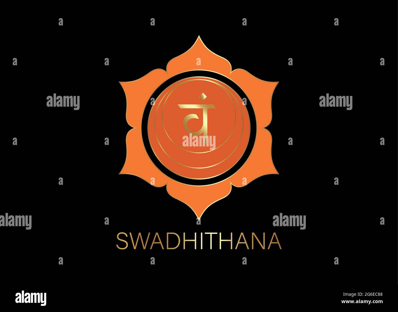 Secondo chakra di Swadhisthana con il mantra di seme di Sanscrito indù VAM. Arancio e oro stile piatto simbolo per la meditazione, yoga. Modello logo Illustrazione Vettoriale