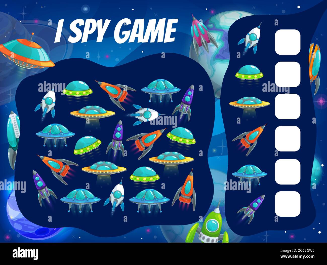 Giochi spia bambini con razzi spaziali e navi. Vettore enigma con cartoni animati aliene ufo piattini in cosmo o galassia con pianeti. Quante navicelle spaziali childre Illustrazione Vettoriale