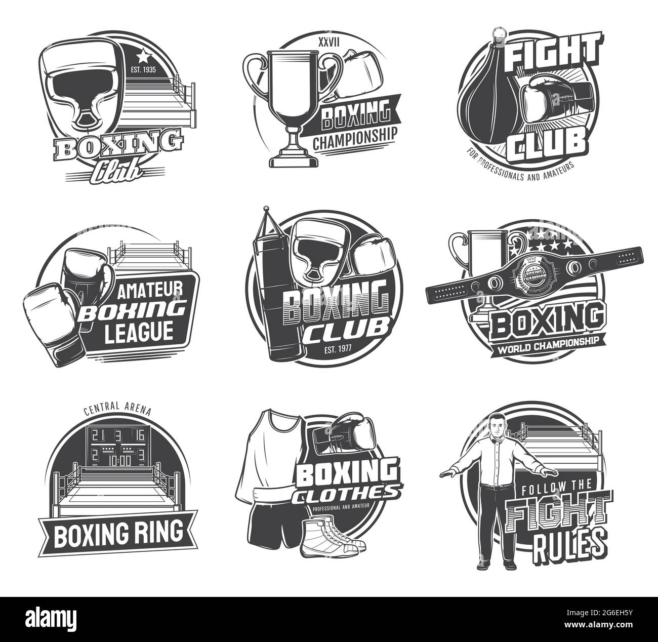 Boxe sport icone di scatole vettoriali sacchetti da punzonatura, guanti e caschi boxer. Pugilato anello campionato, cintura, coppa trofeo vincitore e punteggio, arbitro A. Illustrazione Vettoriale
