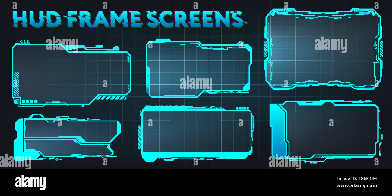 Schermate HUD, UI, GUI, frame interfaccia utente futuristici. Callout titoli e collezione di schede digitali sci-fi. HUD Elements per videogiochi, app Illustrazione Vettoriale