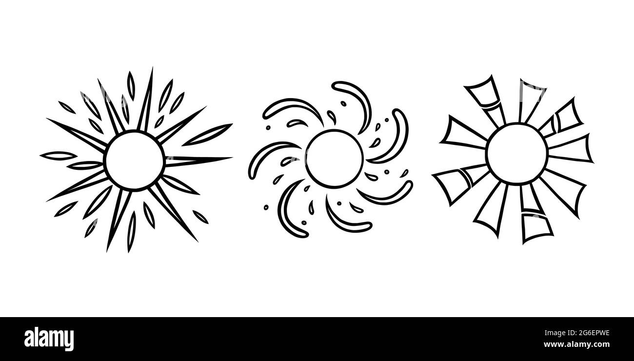 Set di sole disegnati a mano. I sole estivi brillano con travi in stile lineare. Immagine vettoriale in bianco e nero isolata su sfondo bianco Illustrazione Vettoriale