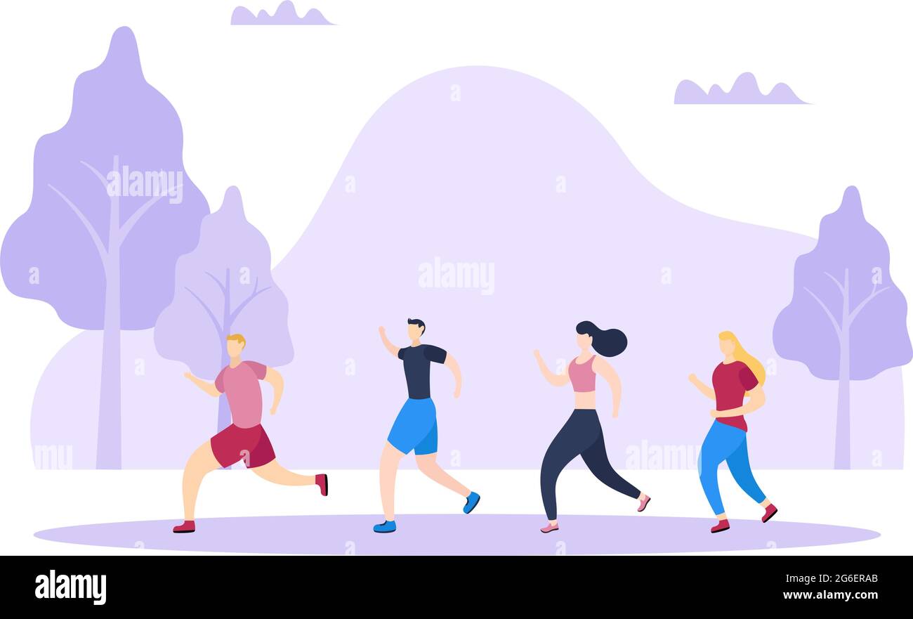 Jogging o Running Sport sfondo Illustrazione uomini e donne per il corpo attivo, stile di vita sano, attività all'aperto Illustrazione Vettoriale