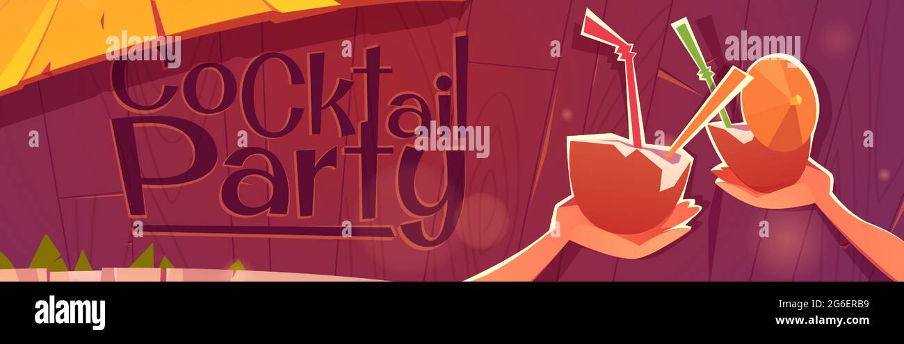 Banner per cocktail party con bar sulla spiaggia e noci di cocco con cannucce e ombrellone. Poster vettoriale con cartoni animati illustrazione di mani che tengono esotici cocktail tropicali sullo sfondo di capanna di legno Illustrazione Vettoriale