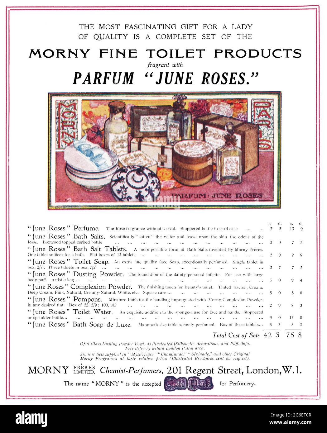 1918 pubblicità britannica per i prodotti da bagno Morny June Roses. Foto Stock