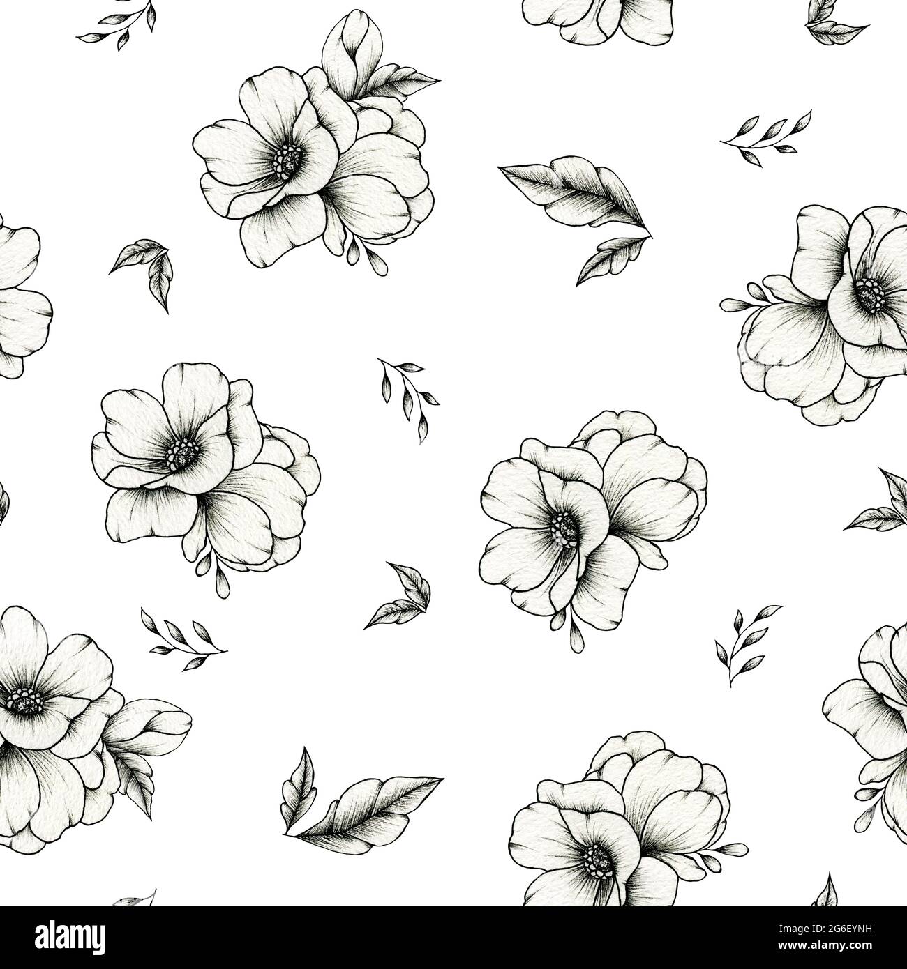 Bellissimo motivo senza giunture con fiori bianchi e neri, disegno grafico botanico per matrimonio stazionario, saluti, tessile, moda Foto Stock