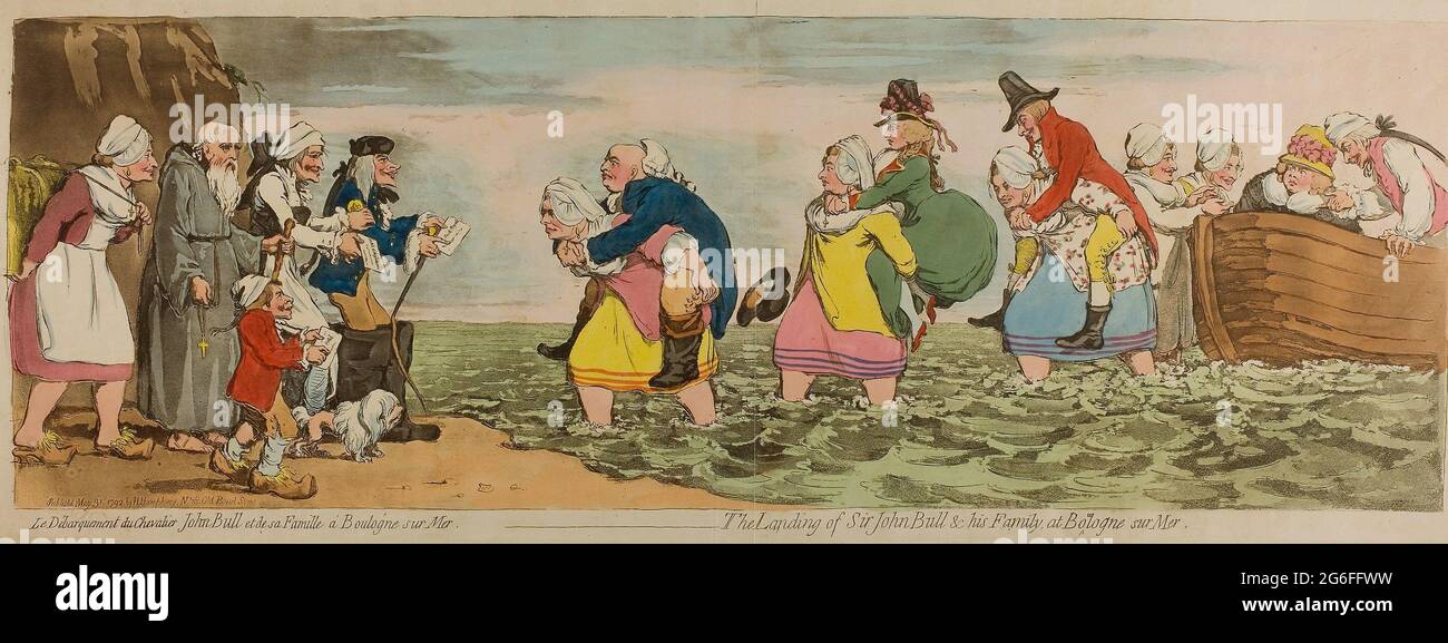 James Gillray. The Landing of Sir John Bull & His Family, at Boulogne sur mer - pubblicato il 31 maggio 1792 - James Gillray (inglese, 1756-1815) dopo Foto Stock