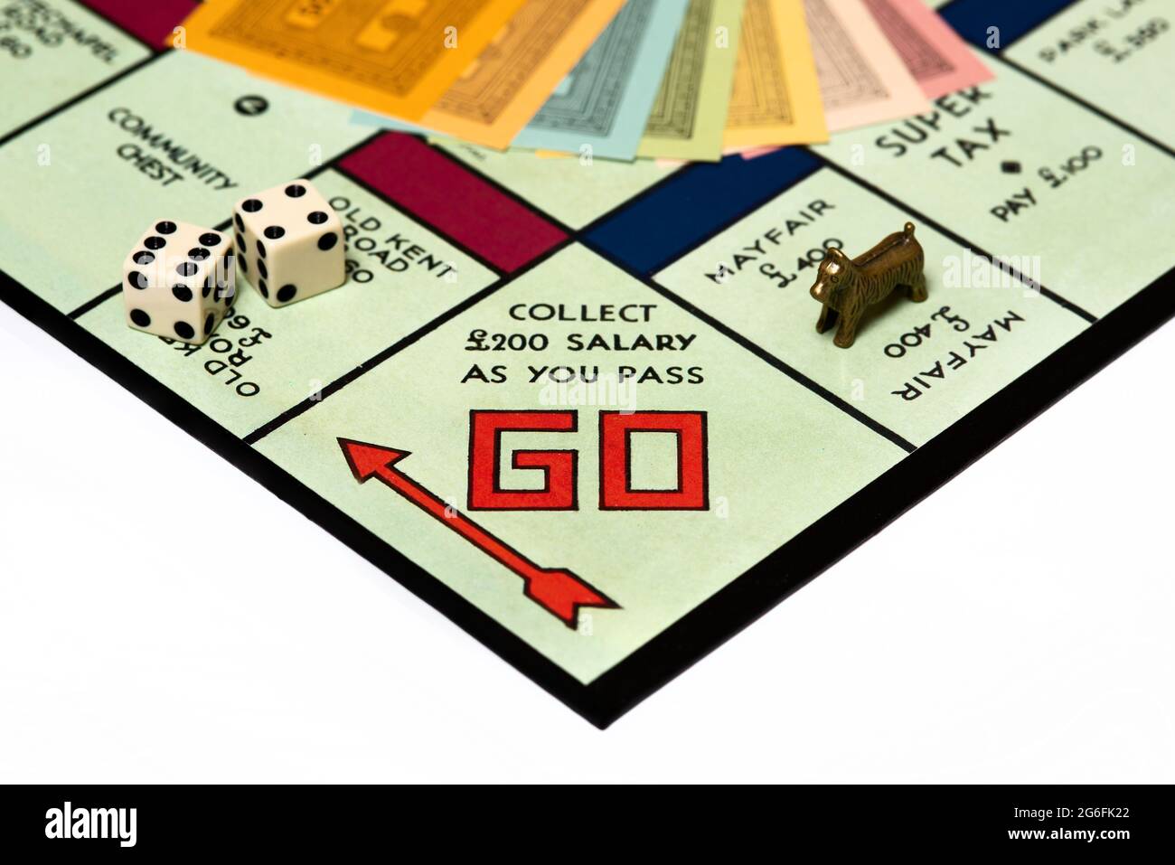 Primo piano del tradizionale gioco di Monopoly Board. Foto Stock