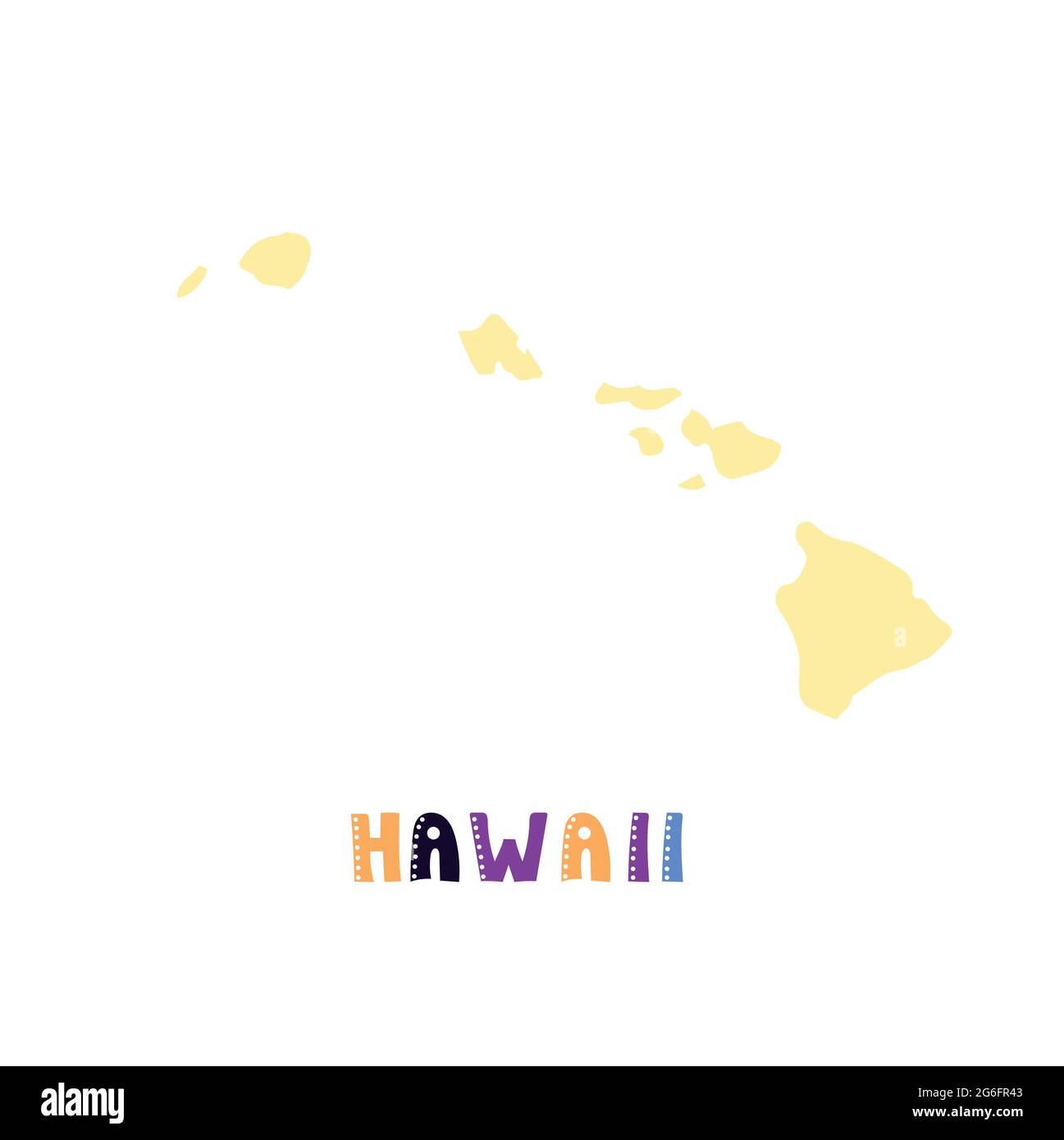 Hawaii mappa isolata. Collezione USA. Mappa delle Hawaii - silhouette gialla. Scritta doodling su bianco Illustrazione Vettoriale