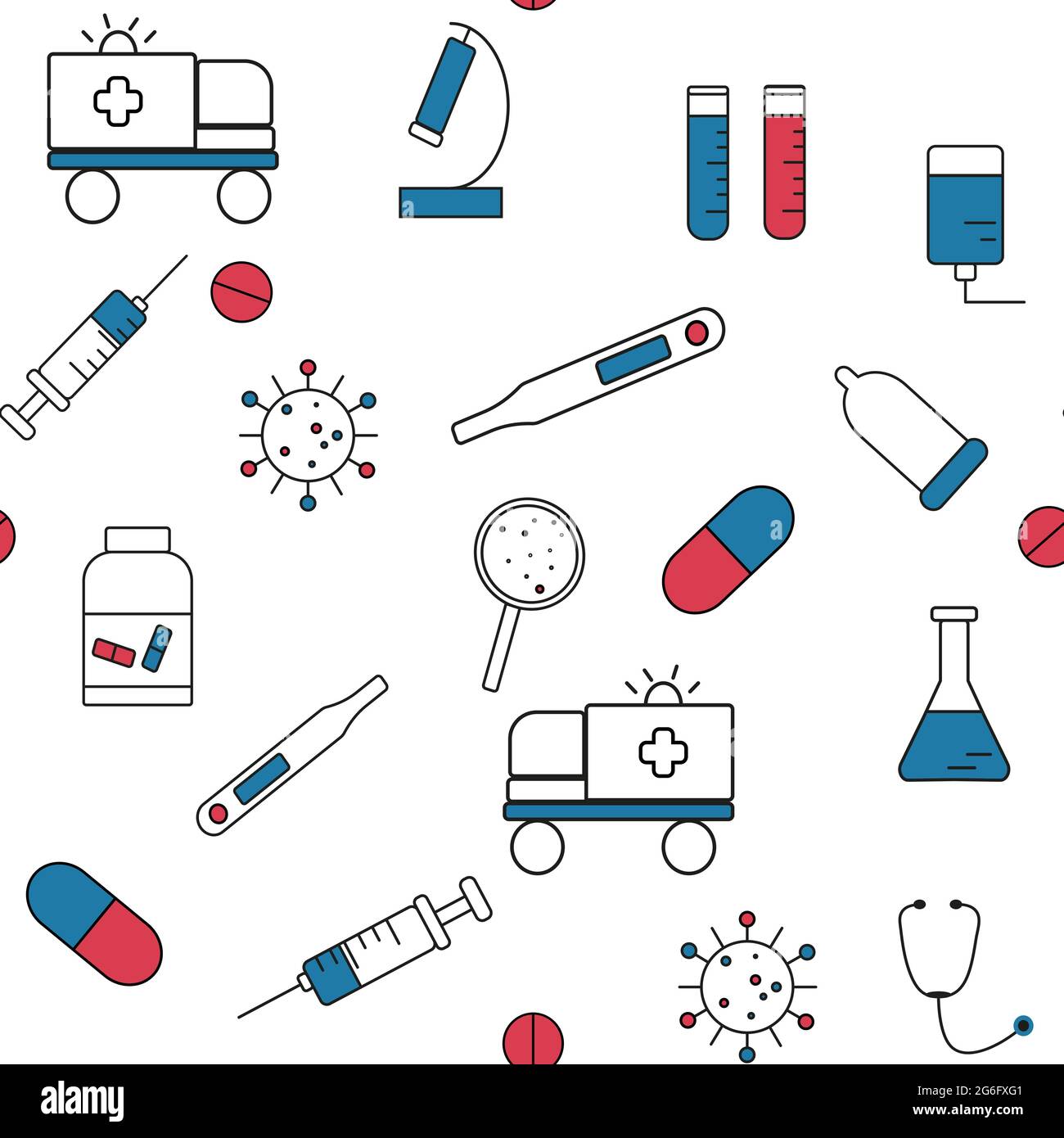 Schema medico, illustrazione vettoriale. Fondo senza cuciture con pillole, siringa, virus, provetta, elementi di ambulanza della medicina Illustrazione Vettoriale