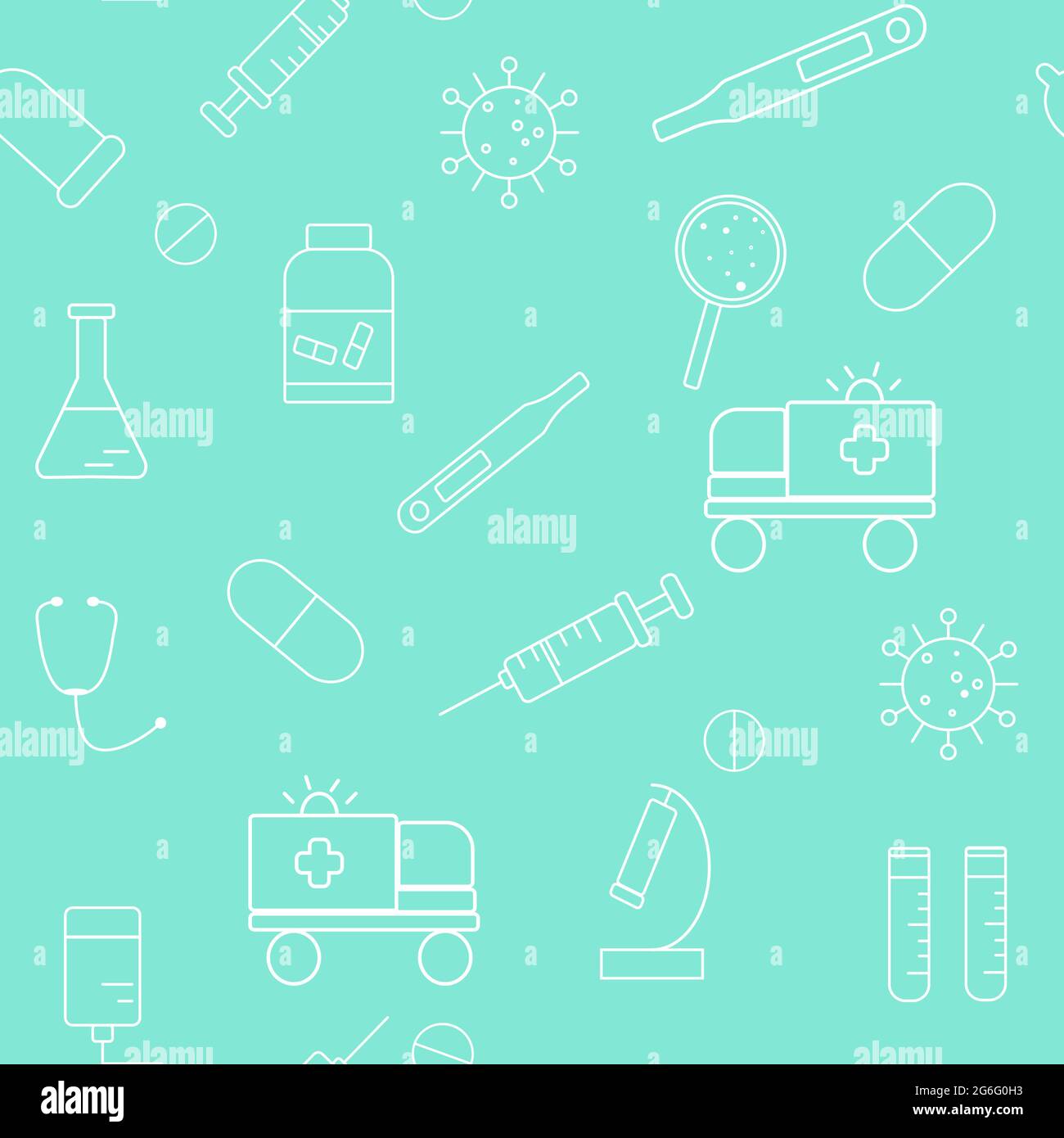 Schema con forniture mediche, illustrazione vettoriale. Modello senza cuciture con elementi di medicina bianchi su sfondo di menta. Illustrazione Vettoriale