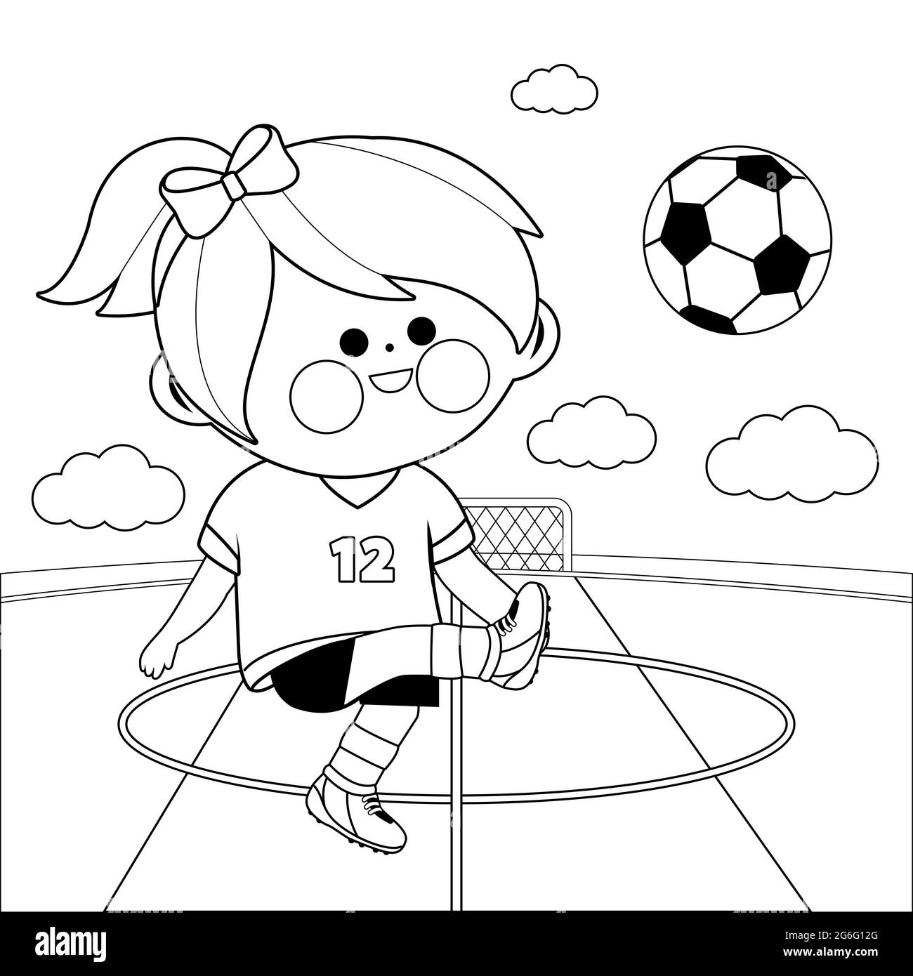 Bambina che gioca a calcio. Pagina da colorare in bianco e nero Foto stock - Alamy