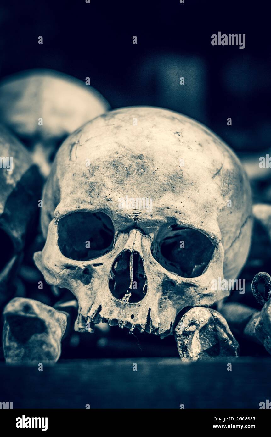 Teschi e ossa umani nell'Ossario di Sedlec (sobborgo di Kutna Hora), in Czechia Foto Stock