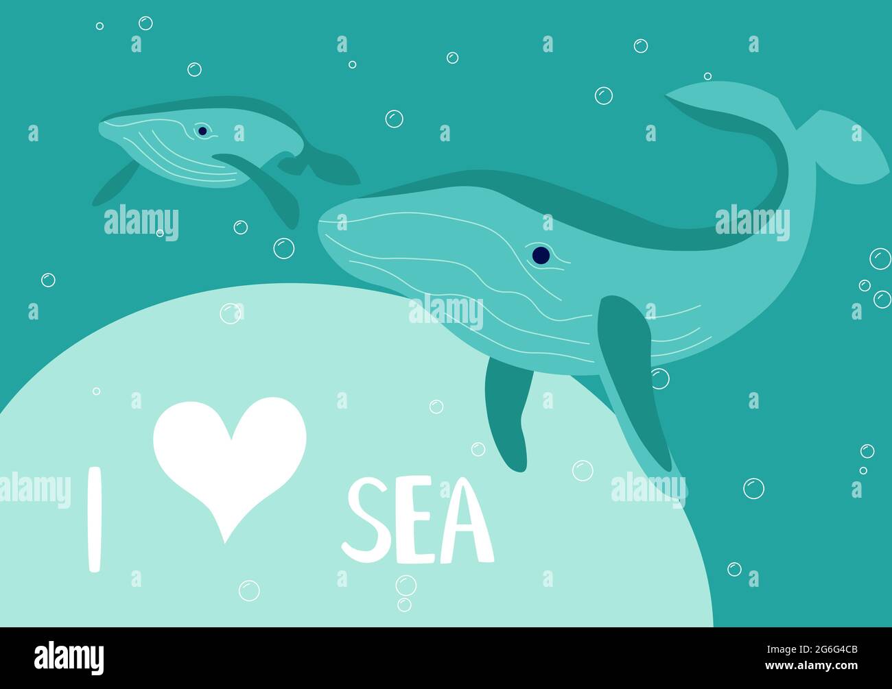 Cartolina Io amo il mare in stile marino. Scena subacquea con la madre e la balena blu bambino su sfondo acquamarina. Illustrazione di Flat Art Vector Illustrazione Vettoriale
