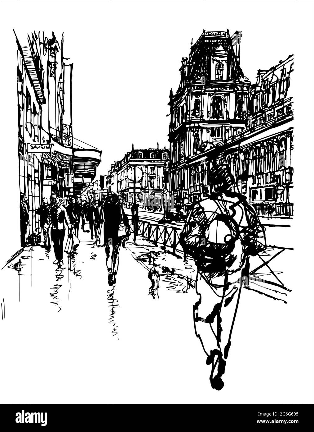 Parigi, persone che camminano vicino all'Hotel de Ville dopo la pioggia - illustrazione vettoriale Illustrazione Vettoriale