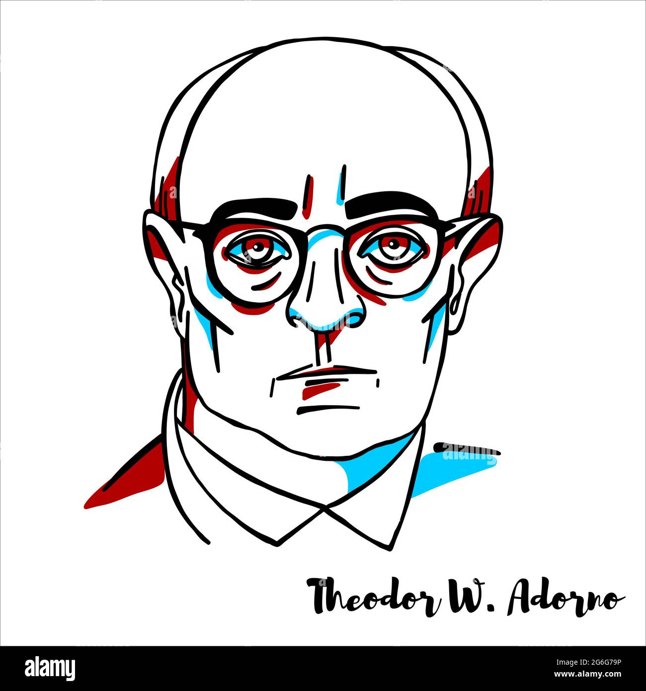 RUSSIA, MOSCA - 04 aprile 2019: Theodor W. Adorno ritratto vettoriale inciso con contorni a inchiostro. Filosofo tedesco, sociologo, psicologo e comp Illustrazione Vettoriale