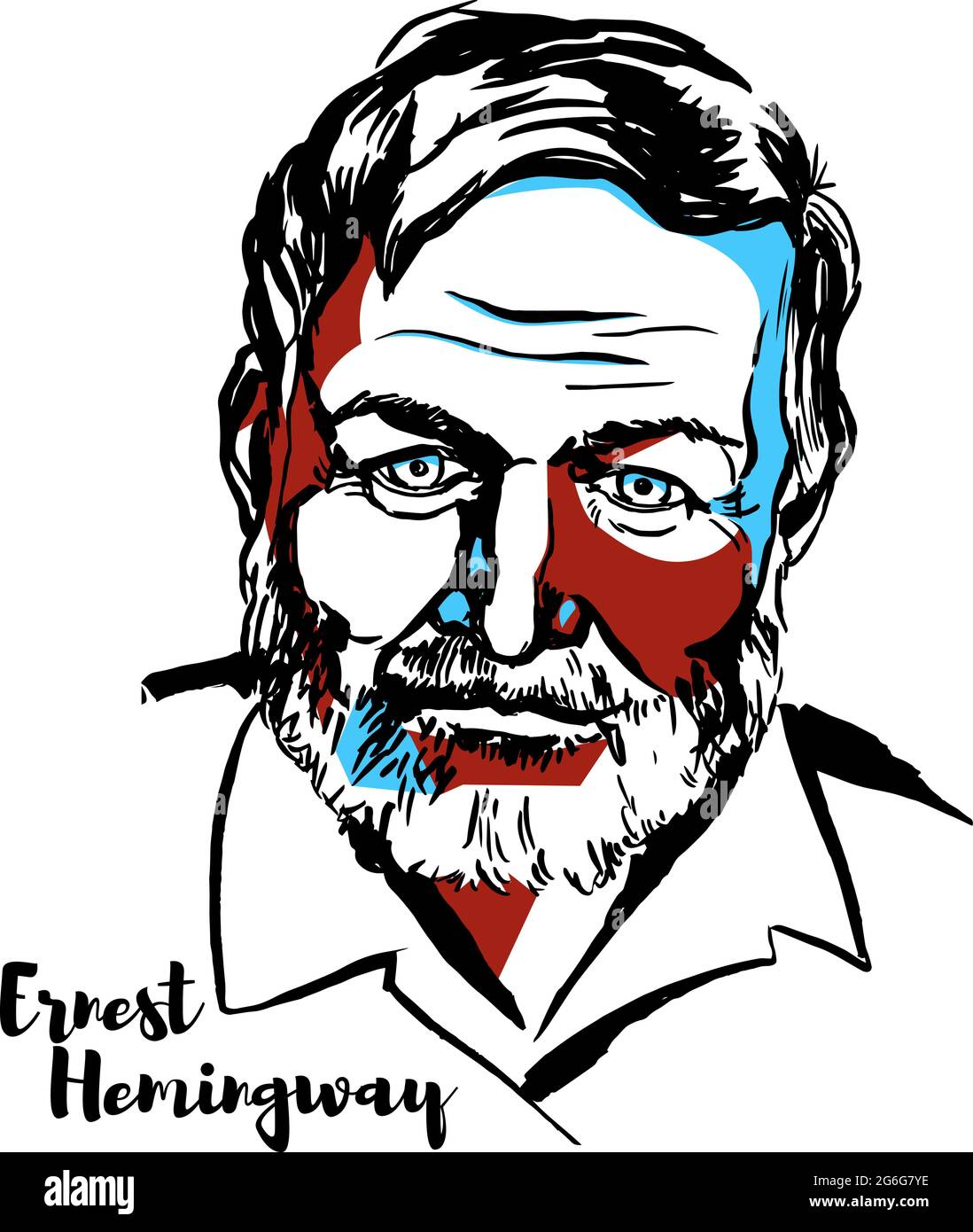 MOSCA, RUSSIA - 25 GIUGNO 2018: Ernest Hemingway ha inciso un ritratto vettoriale con contorni a inchiostro. Romanziere americano, scrittore di storia breve e giornalista. Illustrazione Vettoriale