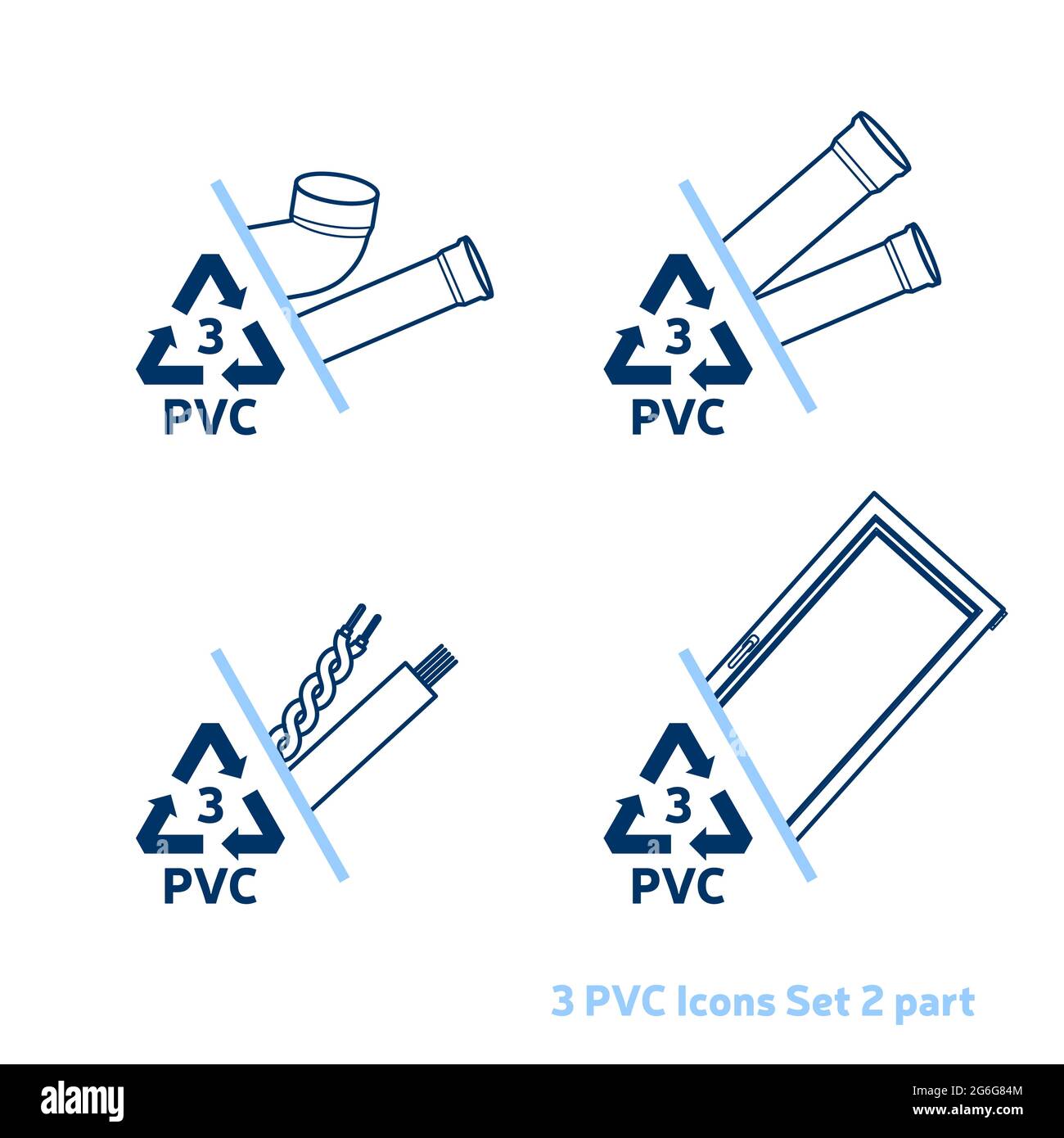 Codice di riciclaggio 3 (PVC - cloruro di polivinile) insieme di icone di contorno. Svuotare gli elementi in plastica trasparente su sfondo bianco. Illustrazione Vettoriale