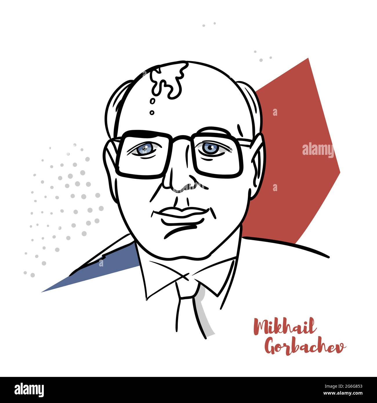 CINA, CHENGHAI - 1 MARZO 2019: Mikhail Gorbachev ritratto vettoriale piatto con contorni neri. L'ottavo e ultimo leader dell'Unione Sovietica. Illustrazione Vettoriale