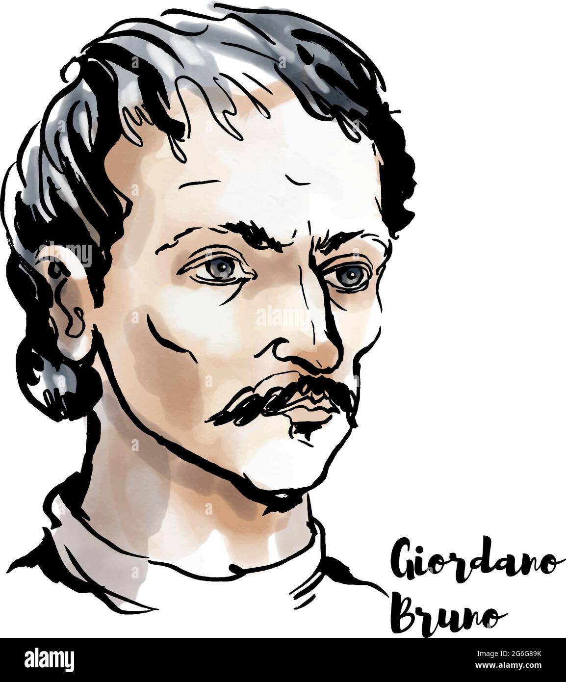 Giordano Bruno ritratto vettoriale acquerello con contorni a inchiostro. Frate, filosofo, matematico, poeta e teorico cosmologico. Illustrazione Vettoriale