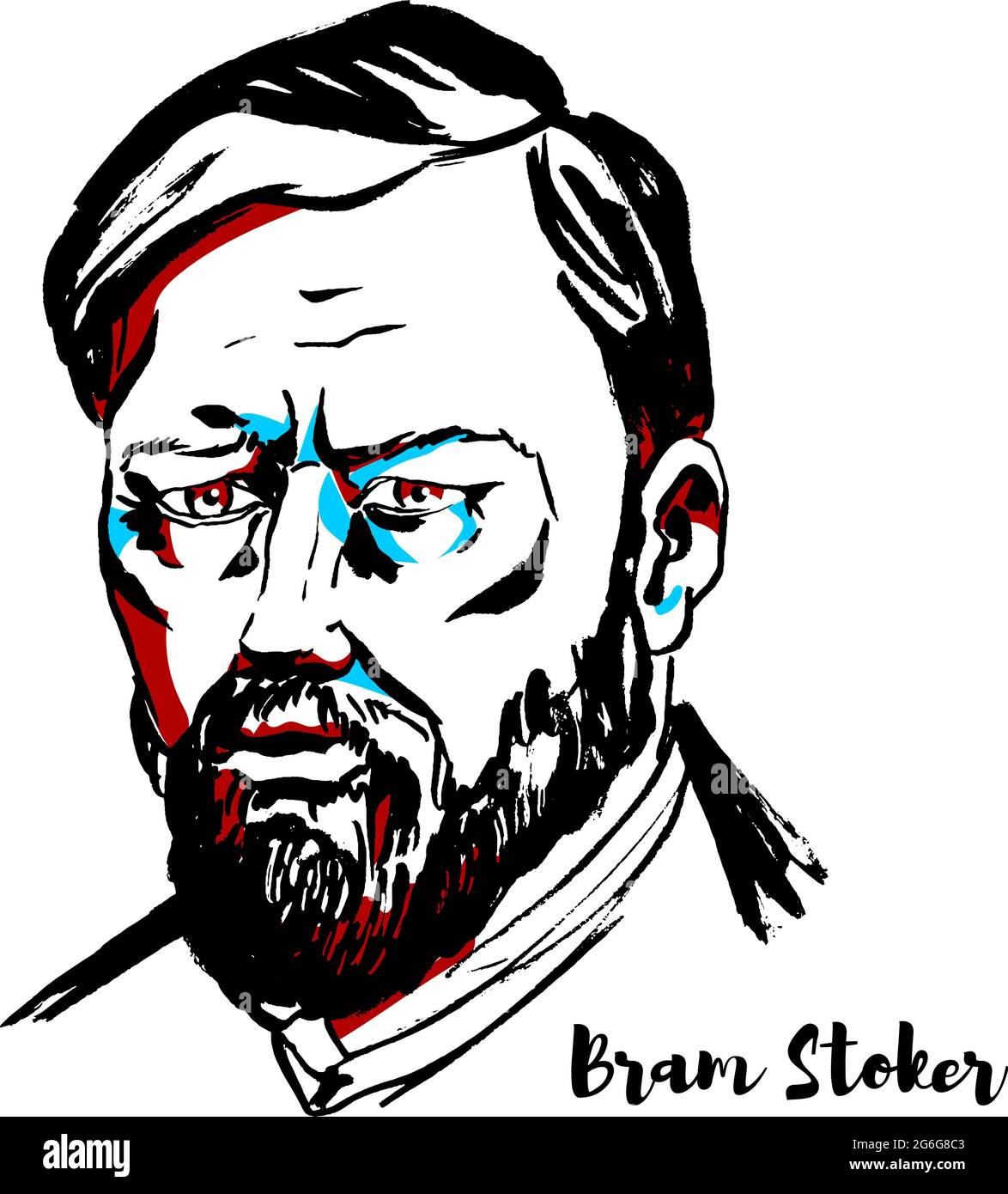 MOSCA, RUSSIA - 26 SETTEMBRE 2018: Bram Stoker ha inciso il ritratto vettoriale con i contorni dell'inchiostro. Autore irlandese, oggi più conosciuto per il suo romanzo gotico del 1897 Illustrazione Vettoriale