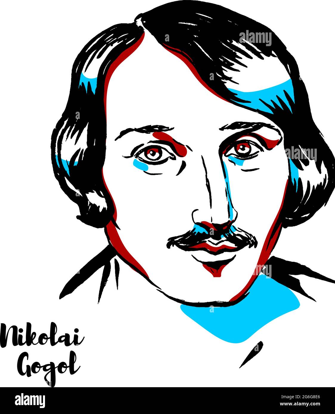 Nikolai Gogol ritratto vettoriale inciso con contorni dell'inchiostro. Drammaturgo russo di origine Ucraina. Illustrazione Vettoriale