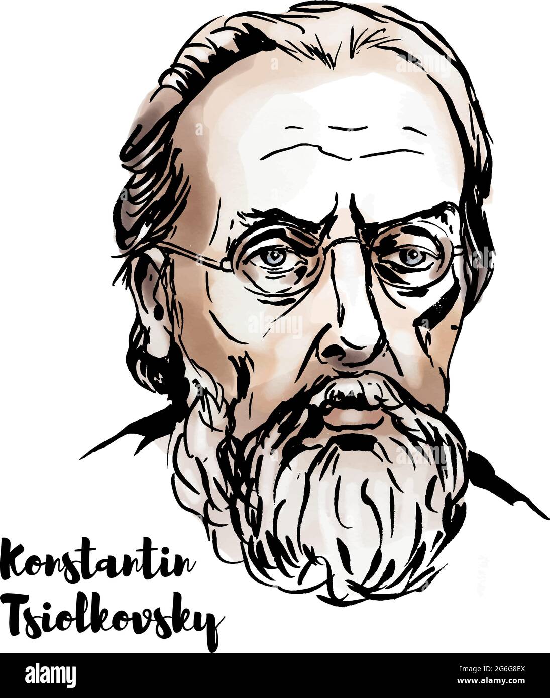 MOSCA, RUSSIA - OTTOBRE 24, 2018: Konstantin Tsiolkovsky ritratto vettoriale acquerello con contorni a inchiostro. Russo e sovietico razzo scienziato e pioniere Illustrazione Vettoriale