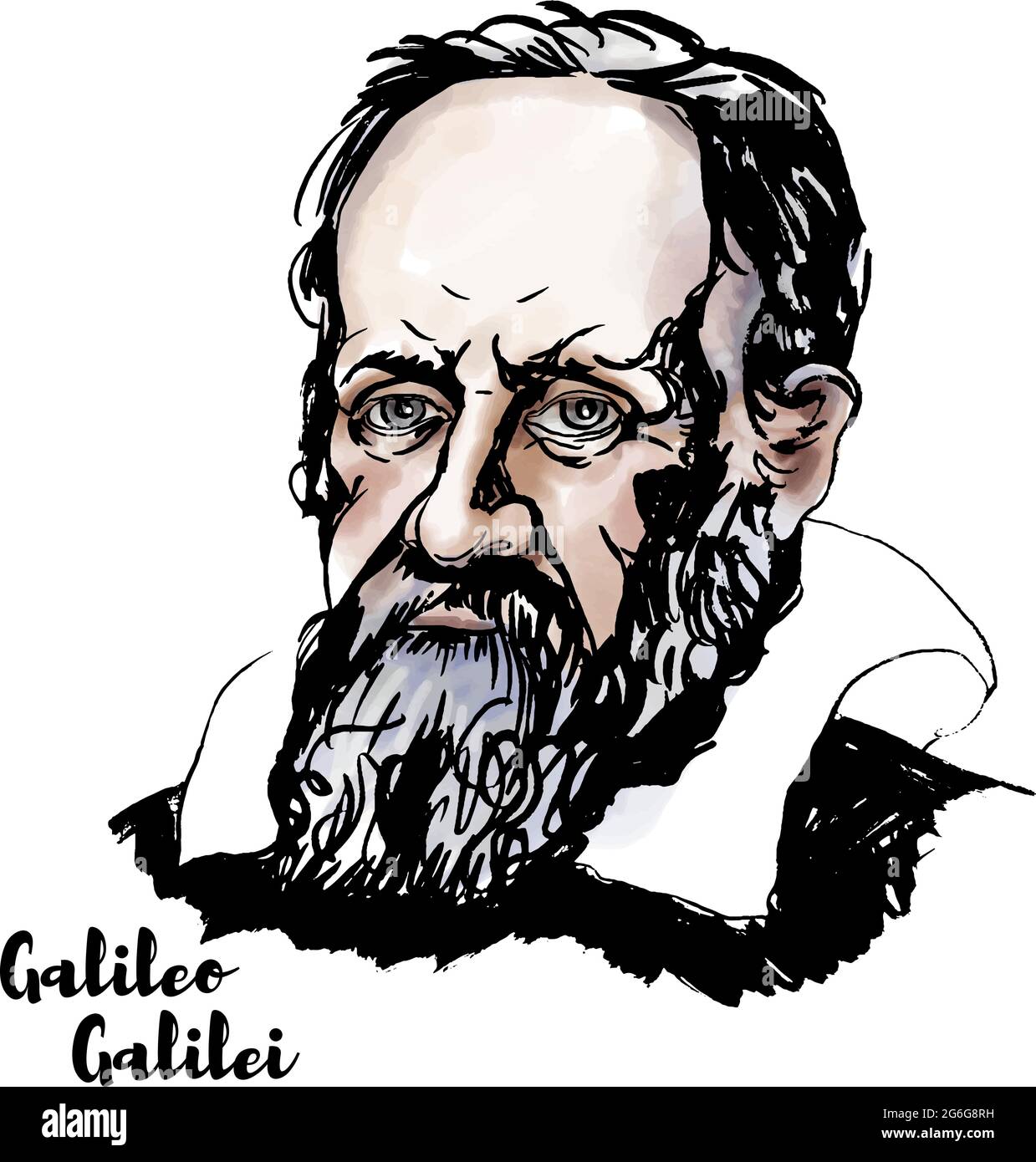 Galileo Galilei ritratto vettoriale acquerello con contorni d'inchiostro. Il polymath italiano. Illustrazione Vettoriale