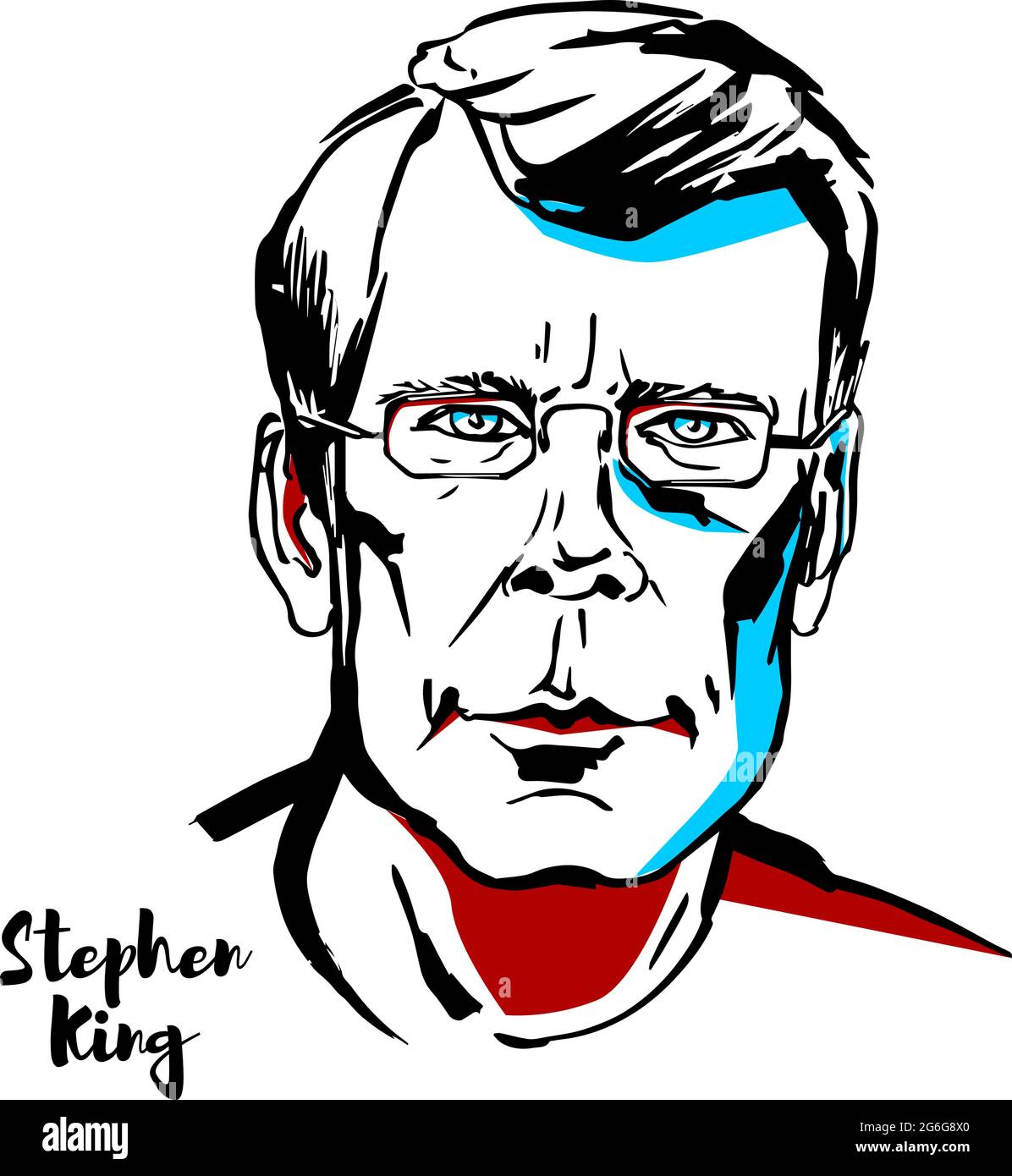 MOSCA, RUSSIA - 21 AGOSTO 2018: Stephen King ha inciso un ritratto vettoriale con contorni a inchiostro. Autore americano di horror, finzione soprannaturale, suspense, Illustrazione Vettoriale