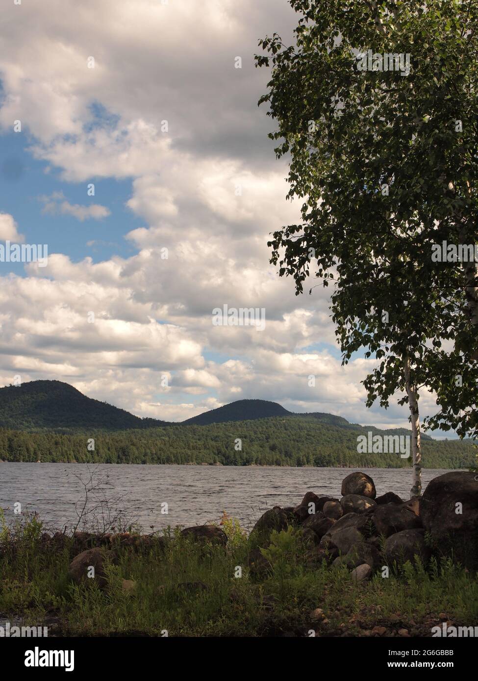 Indian Lake, New York, nel Parco Statale di Adirondack, con l'aumento della luna e vedute della riva del Lago Indiano. Foto Stock