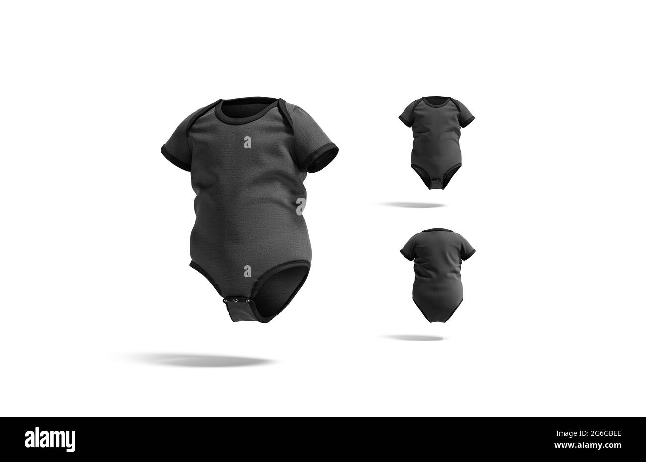 Mockup di bodysuit nero a mezza manica, viste diverse, rendering 3d. Tessuto vuoto avvolgente per bambini mock-up, isolato. T-shirt trasparente Foto Stock
