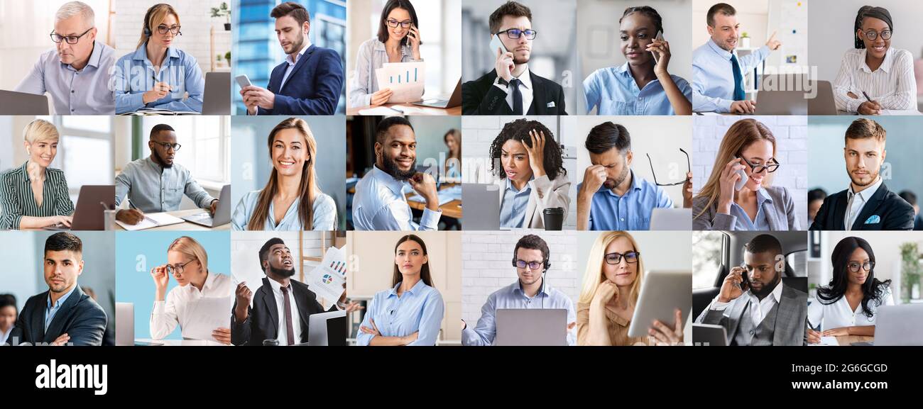 Collage di ritratti di uomini d'affari che mostrano diverse emozioni, utilizzando vari gadget Foto Stock