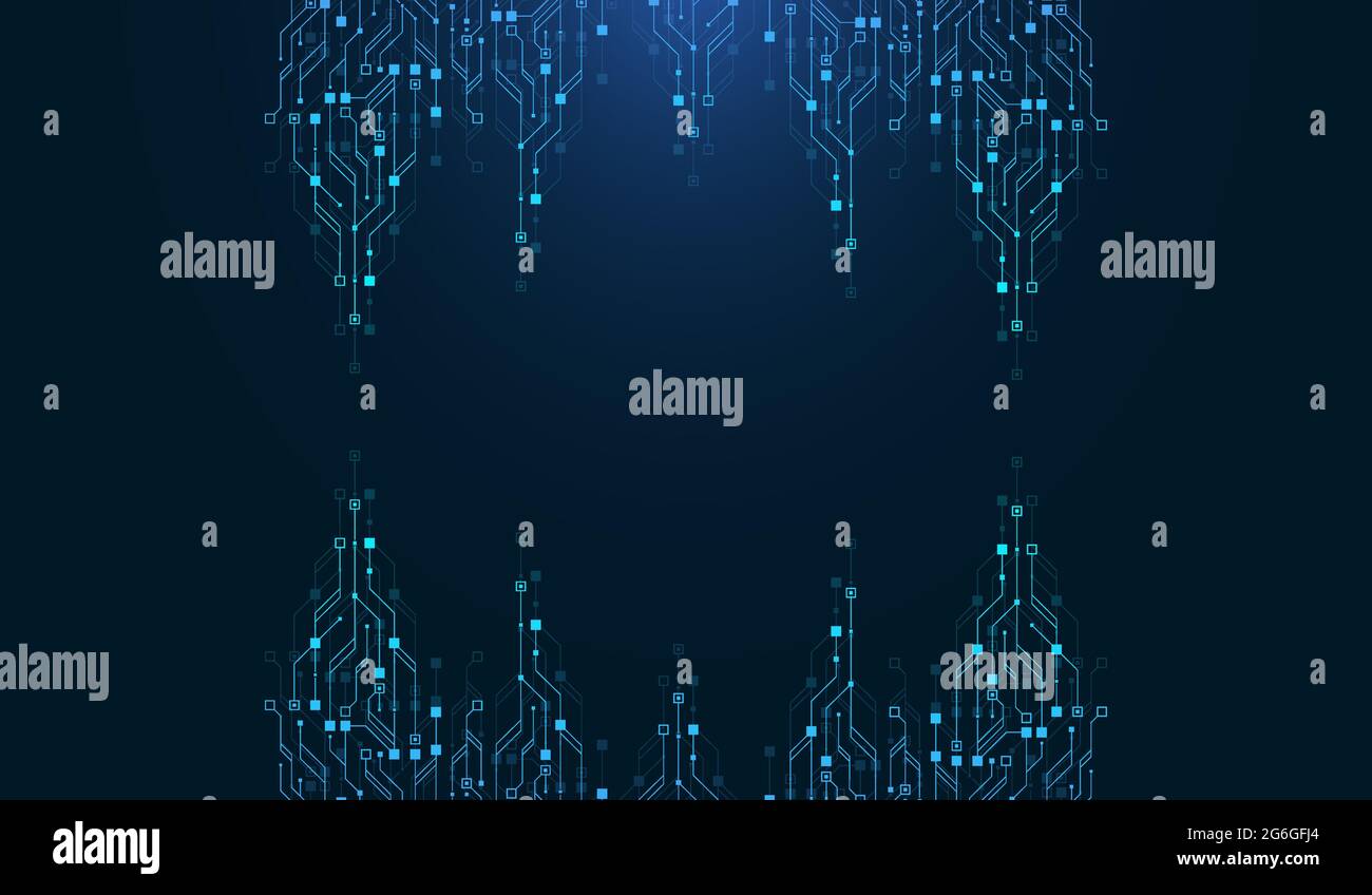 Design di sfondo con tecnologia moderna per la texture della scheda a circuito stampato. Concetti di tecnologie informatiche Quantum, elaborazione di grandi quantità di dati. Futuristico circuito blu Illustrazione Vettoriale