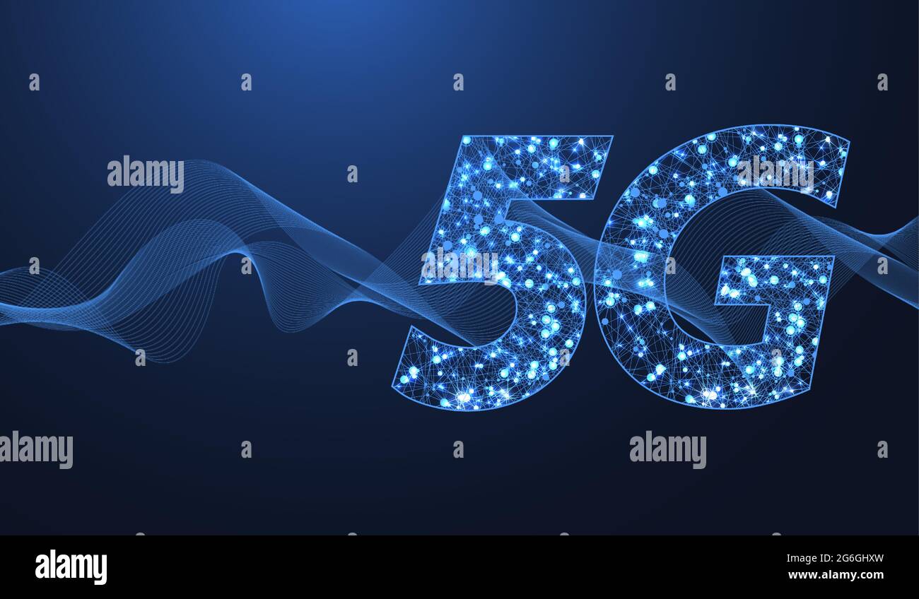 Concetto di tecnologia wireless di rete 5G. Icona banner Web 5G per aziende e tecnologia, segnale, velocità, rete, big data, tecnologia. Onda del simbolo 5G Illustrazione Vettoriale