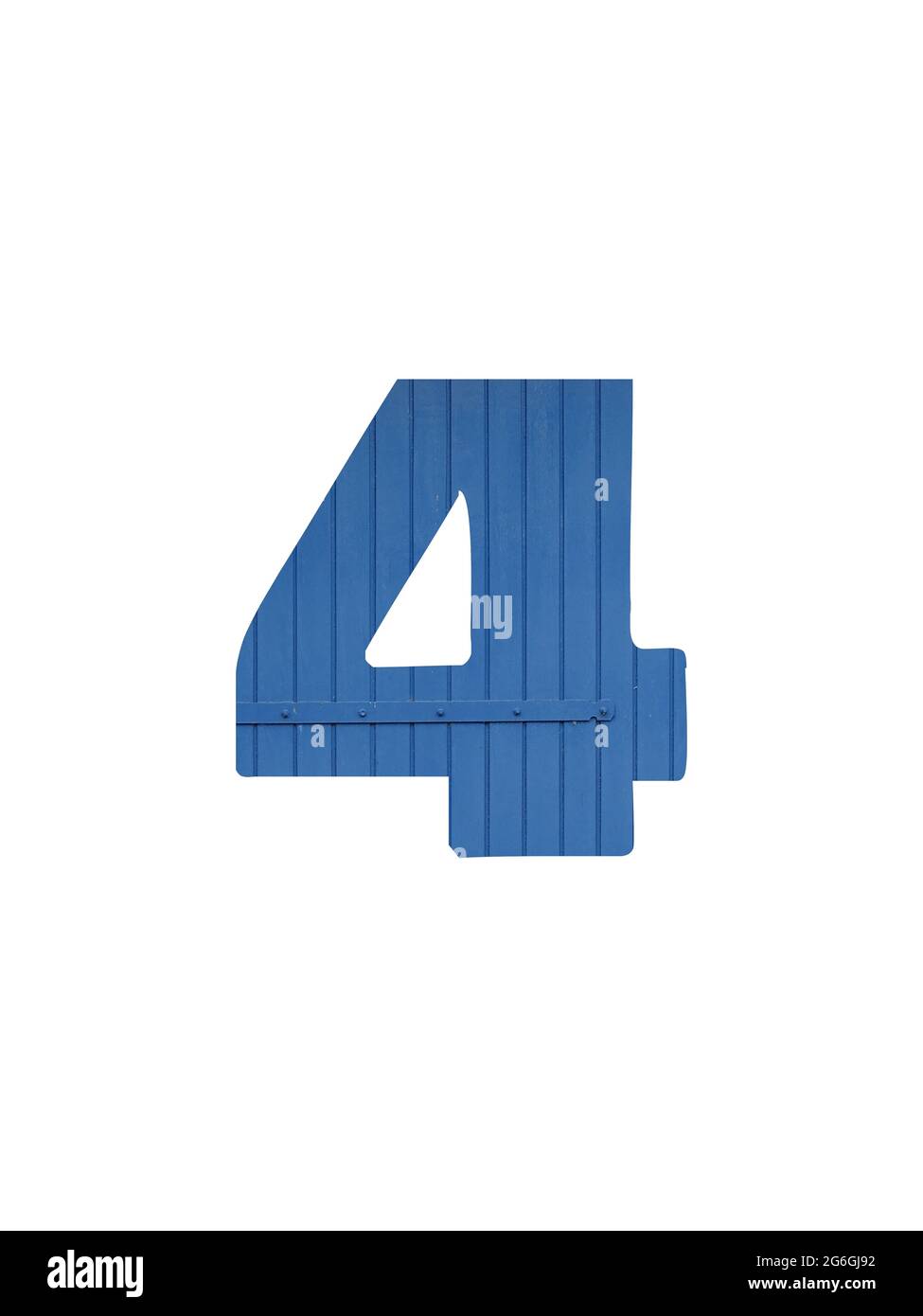 Numero 4 dell'alfabeto fatto di vecchio legno blu, isolato su sfondo bianco Foto Stock