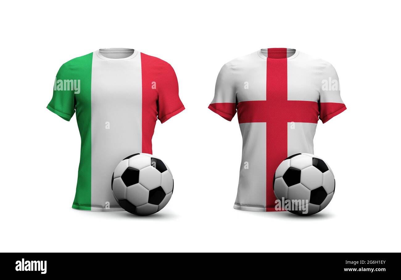 Inghilterra vs. Partita di calcio in Italia. Bandiere nazionali con calcio. Rendering 3D Foto Stock
